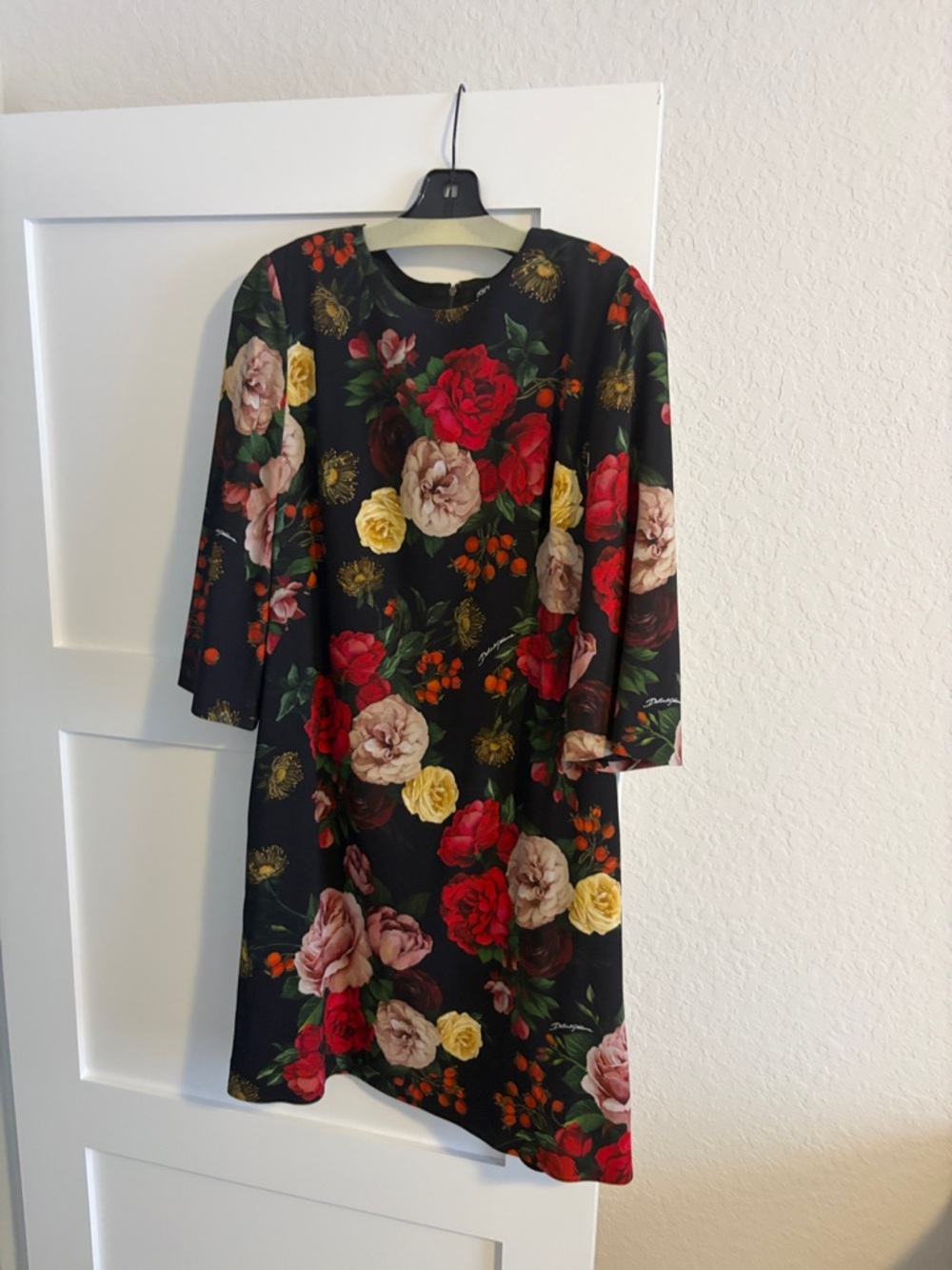 Floral Black Shift Dress with Red and Yellow Blooms Dolce and Gabbana